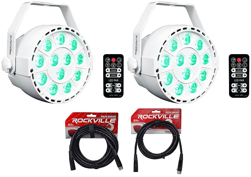

2 Rockville RockPAR TRI LED RGB Par Cans DJ White DMX Wash Lights+пульты дистанционного управления+кабели (2) ROCKPAR TRI WHITE+RDX3M25+RDX3M10
