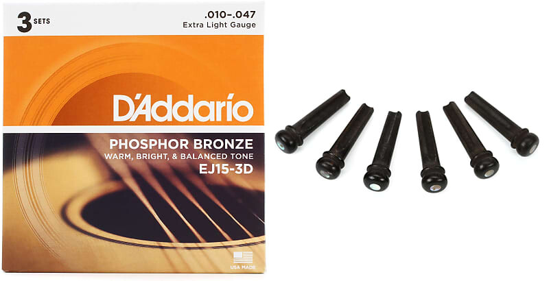 

D'Addario EEJ15-3D Струны для акустической гитары из фосфористой бронзы — сверхлегкие .010–.047 (3 шт.) в комплекте с бриджевыми штифтами Taylor Ebony с точками Abalone D'Addario + Taylor EJ15-3D=1 7251=1