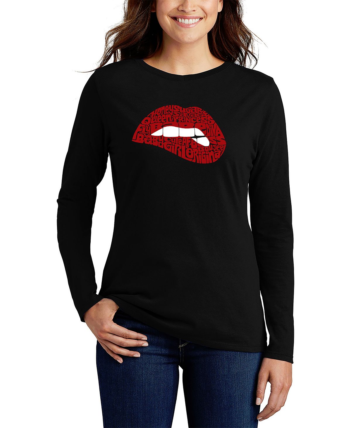 Женская футболка word art savage lips с длинным рукавом LA Pop Art, черный