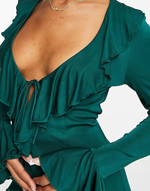 Темно-зеленое платье макси с v-образным вырезом и оборками & Other Stories