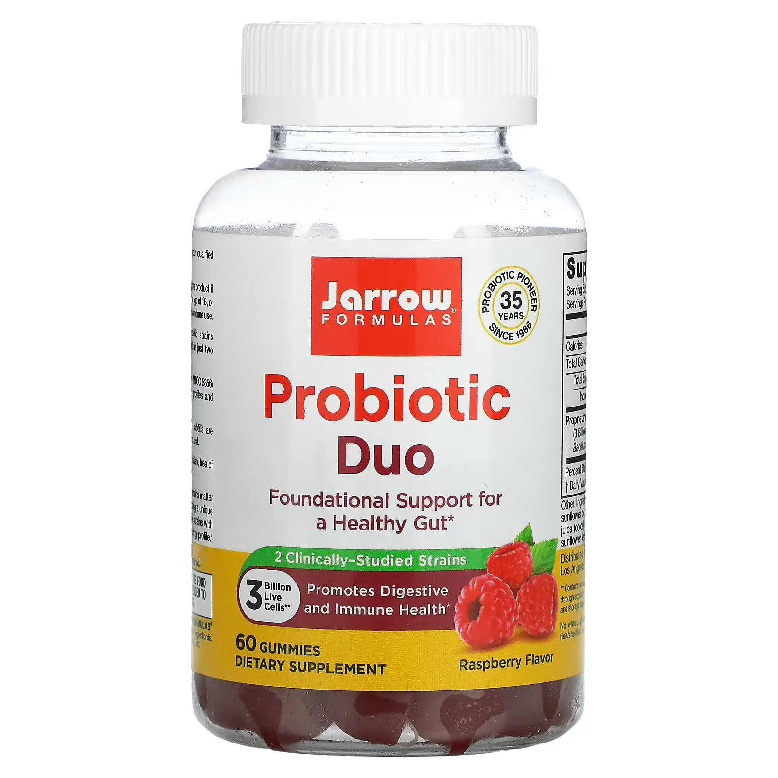 Jarrow Formulas, Пробиотический дуэт, малина, 3 млрд, 60 жевательных таблеток