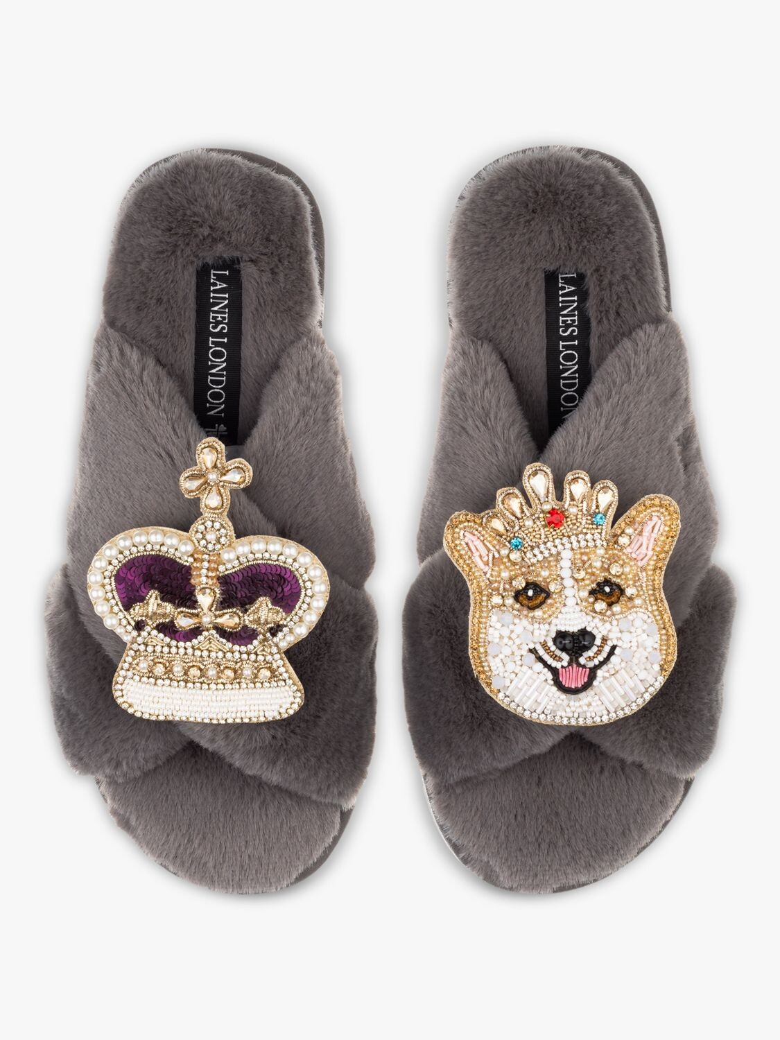 

Тапочки из искусственного меха с брошью Corgi & Crown Laines London, серый