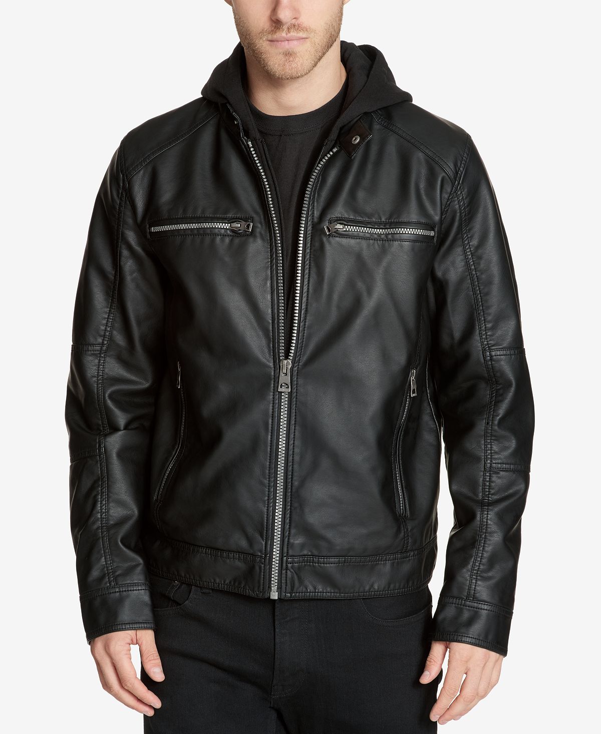 Мужская мотоциклетная куртка из искусственной кожи со съемным капюшоном GUESS, черный