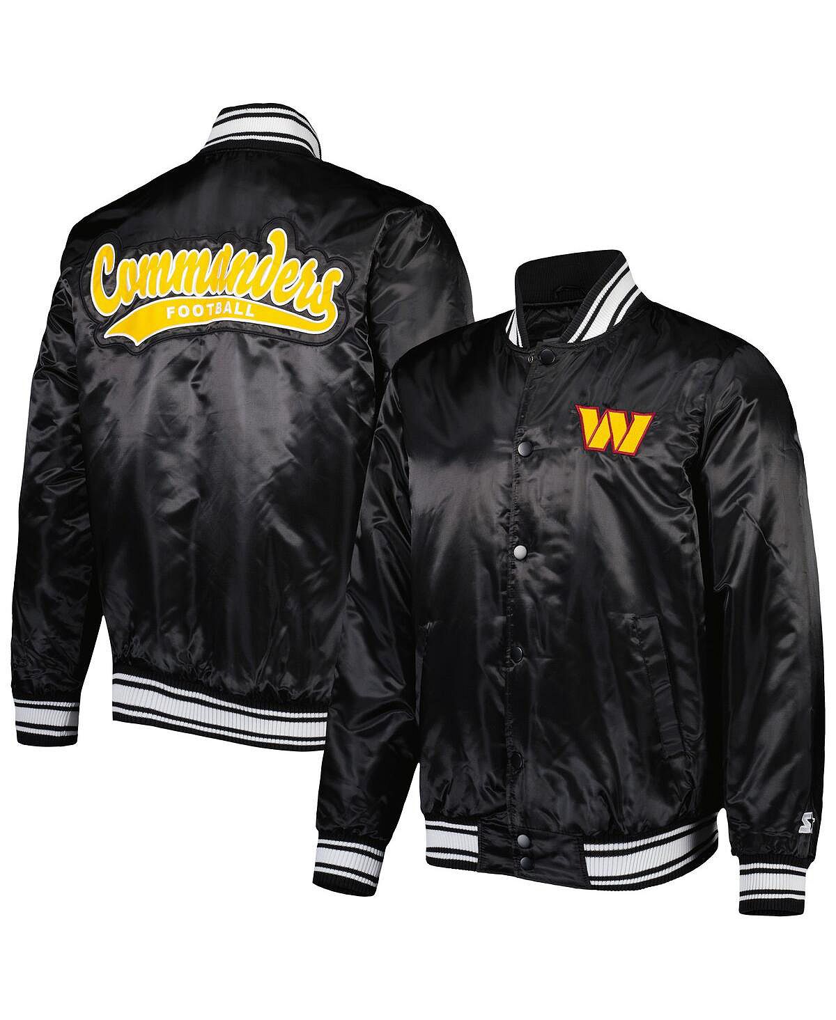 цена Мужская черная атласная студенческая куртка washington commanders locker room с застежкой-молнией Starter, черный