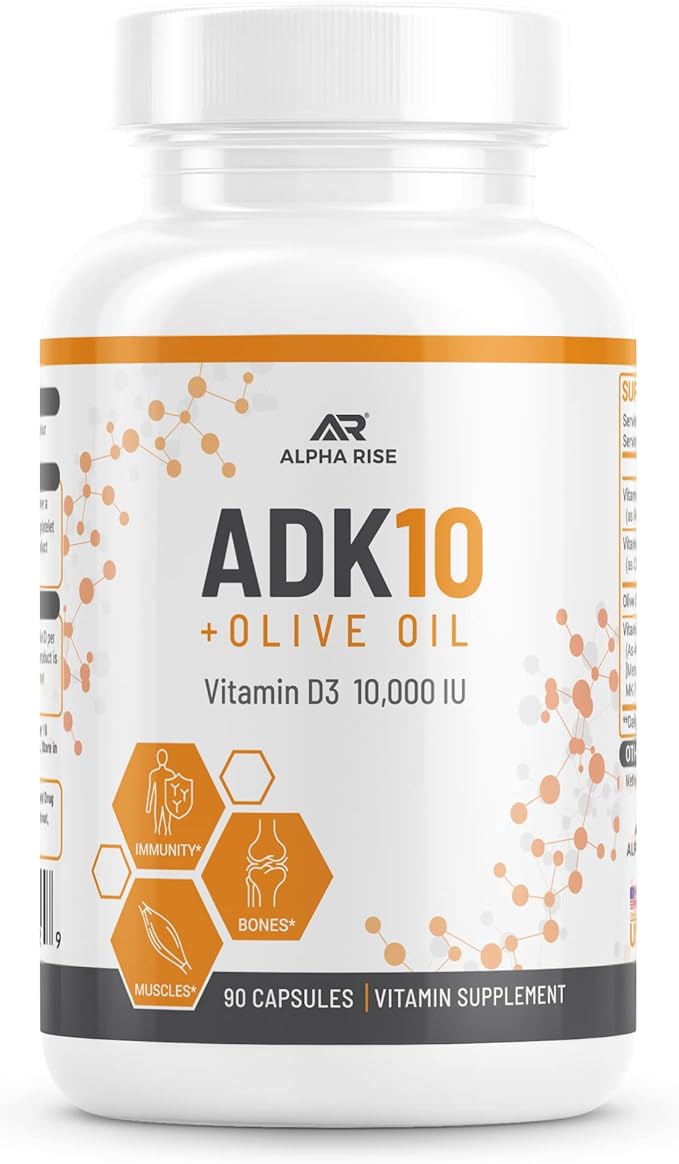 ALPHA RISE ADK 10 Витаминная добавка с витаминами A + D3 (10 000 МЕ) + K2 (MK7+MK4) – 90 капсул power by naturals adk 10 витаминные добавки с витамином а 2 бутылки по 90 вегетарианских капсул в каждой
