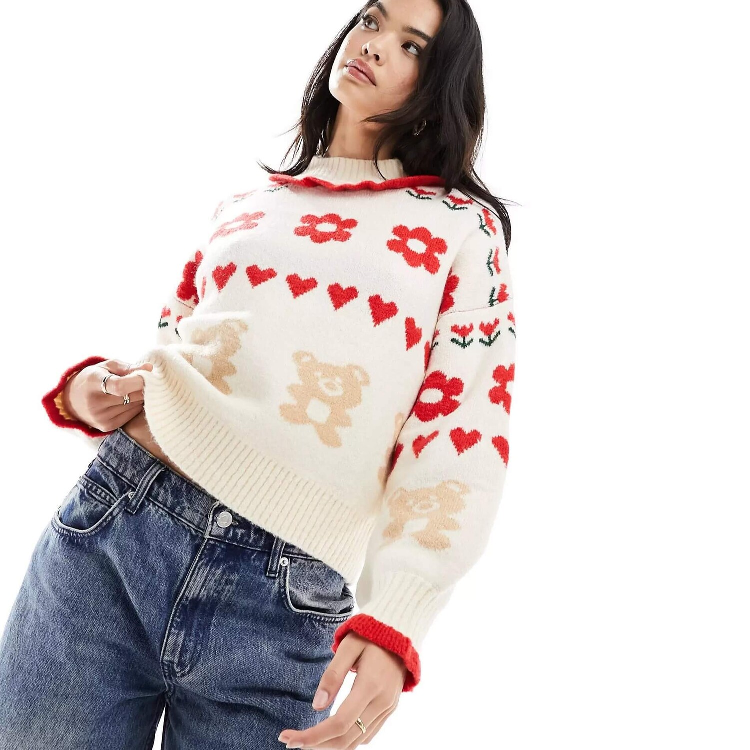 

Джемпер Neon Rose Teddy Intarsia Roll Neck, светло-бежевый/красный