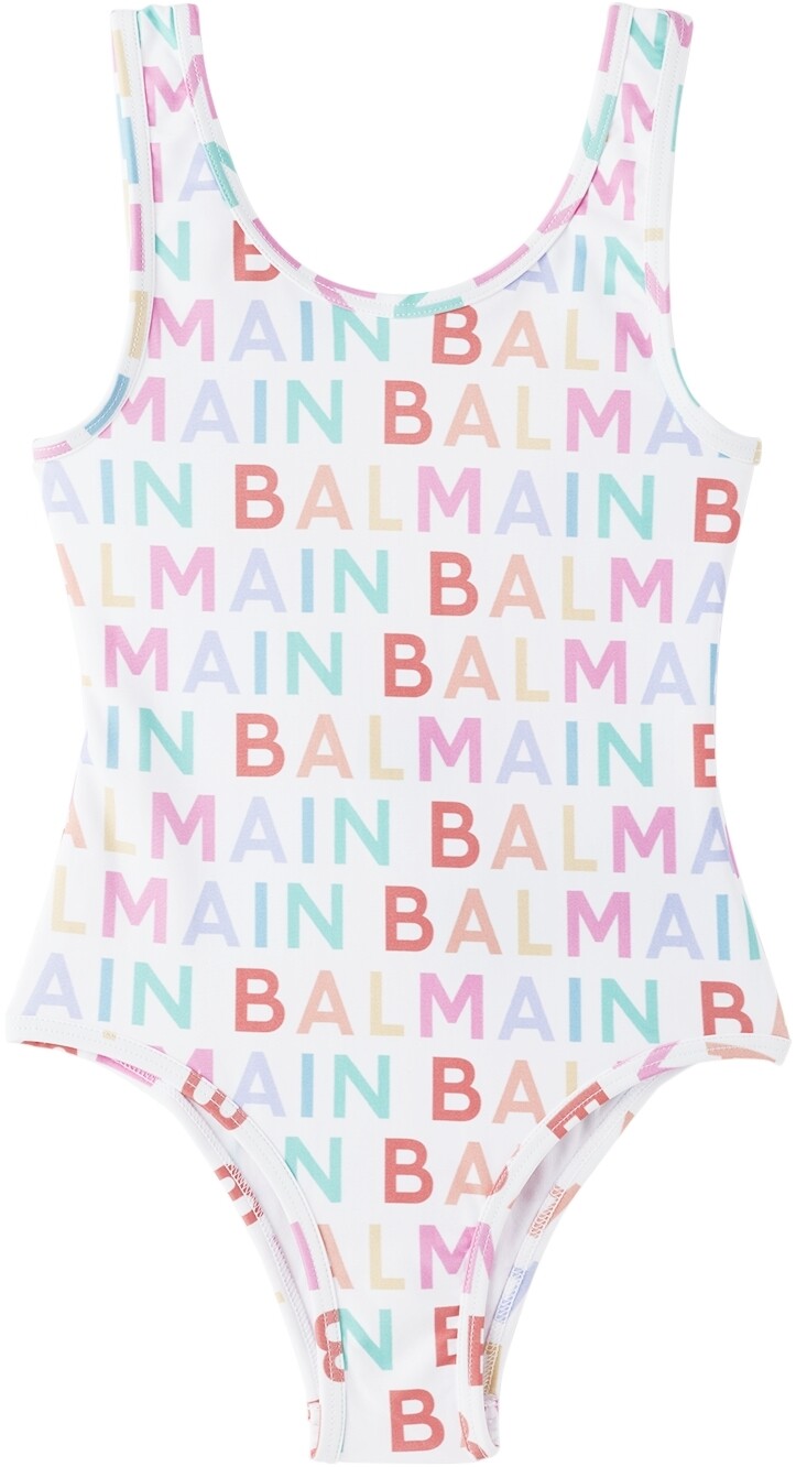 

Детский белый купальник с принтом Balmain