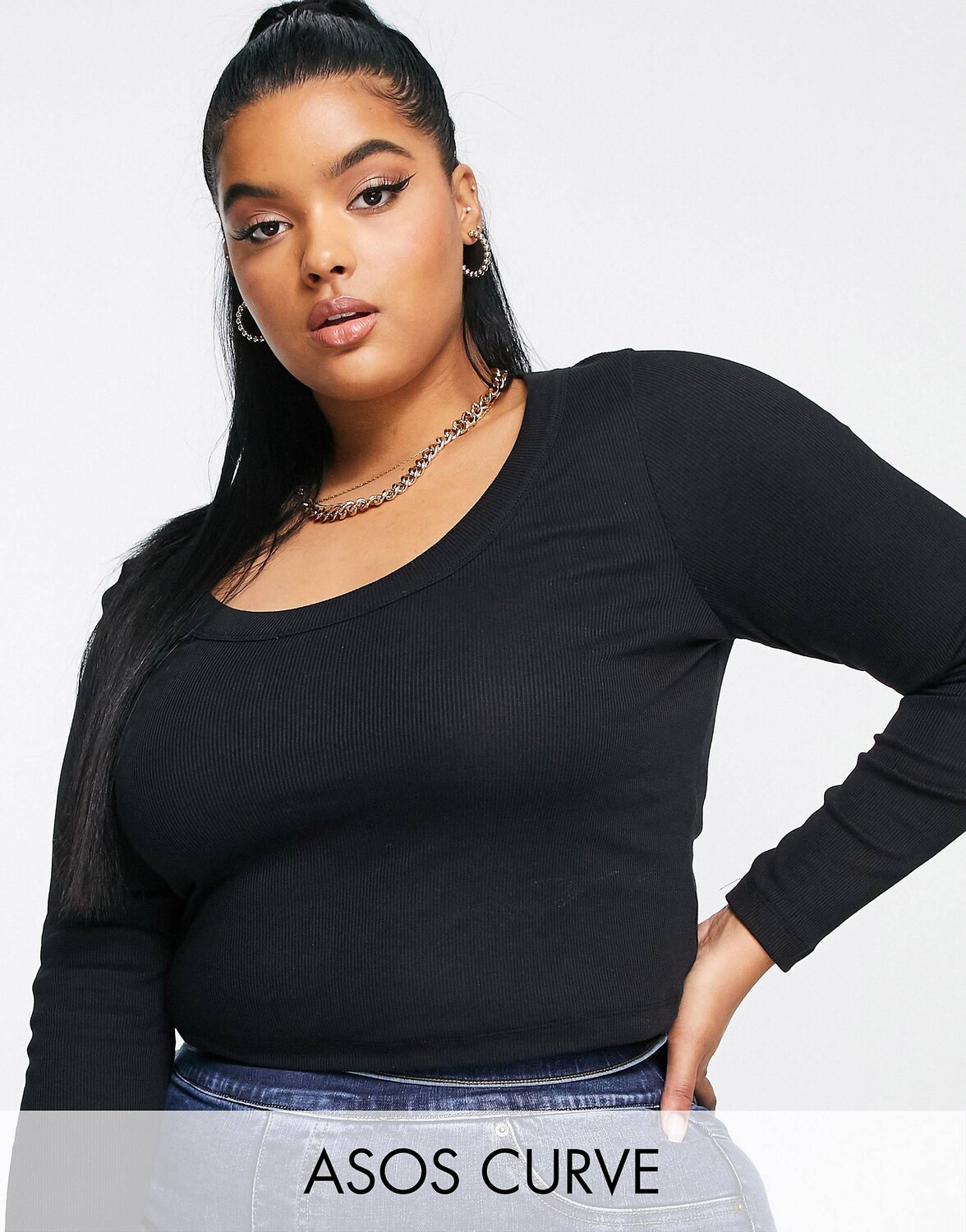 

Черный топ в рубчик с длинными рукавами и круглым вырезом ASOS DESIGN Curve