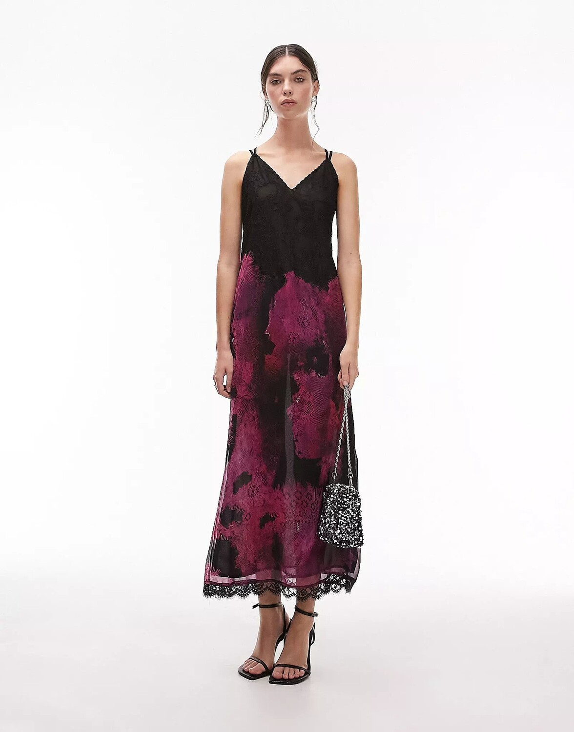 

Платье миди Topshop Lace Slip In Print, черный/розовый