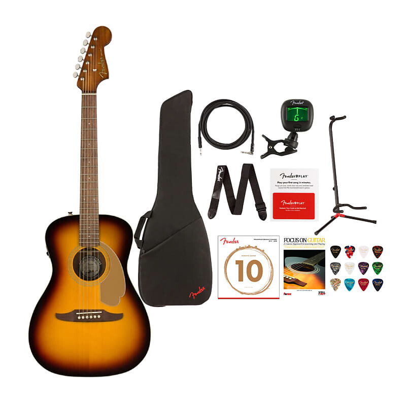 

6-струнная акустическая гитара Fender Malibu Player (правосторонняя, Sunburst) с сумкой, инструментальным кабелем, подставкой для гитары, клипсовым тюнером, гитарными струнами (6-струнные), комплектом учебников по игре на гитаре