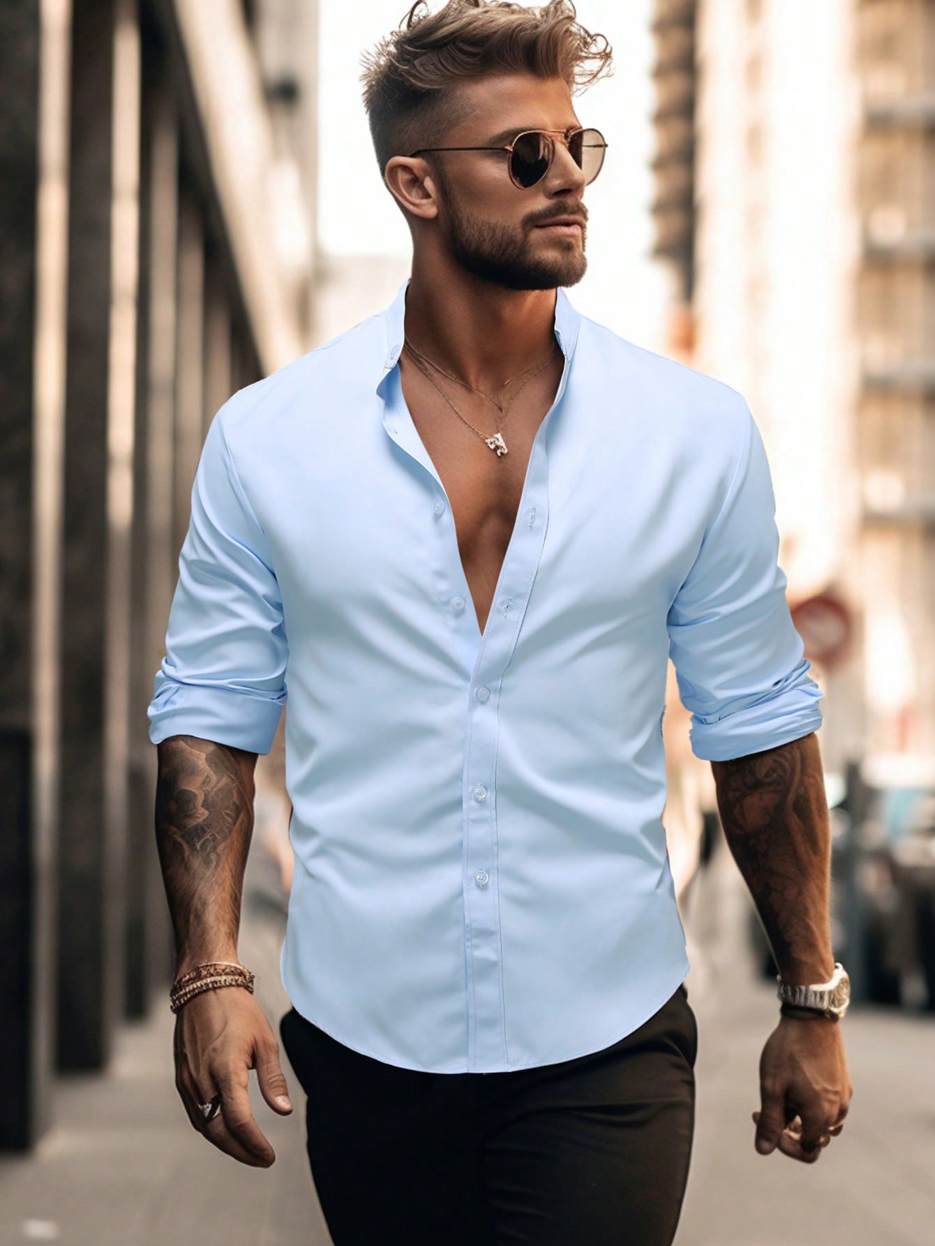 Мужская рубашка с длинным рукавом и воротником-стойкой Manfinity Homme, голубые рубашка мужская льняная с длинным рукавом мешковатая блуза с принтом в полоску с воротником стойкой на пуговицах топ мужская одежда лето