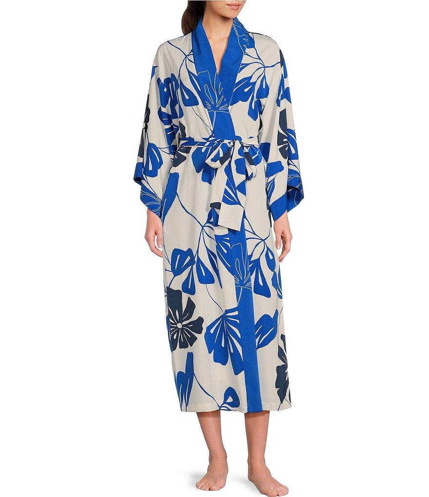 Атласный халат Natori с принтом пальм и длинными рукавами и шалевым воротником, длинный халат с запахом, синий