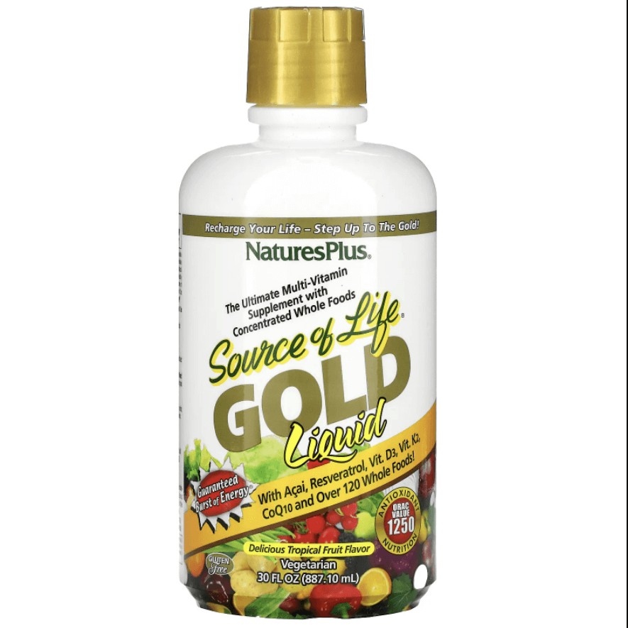 цена Жидкие мультивитамины Gold Liquid Source of Life тропические фрукты, 30 жидких унций (887,10 мл), NaturesPlus