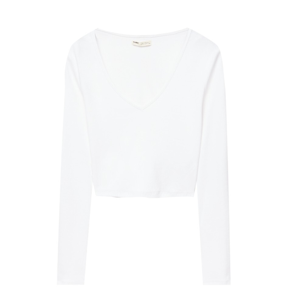 

Футболка Pull&Bear Cropped Long Sleeve V-neck, белый