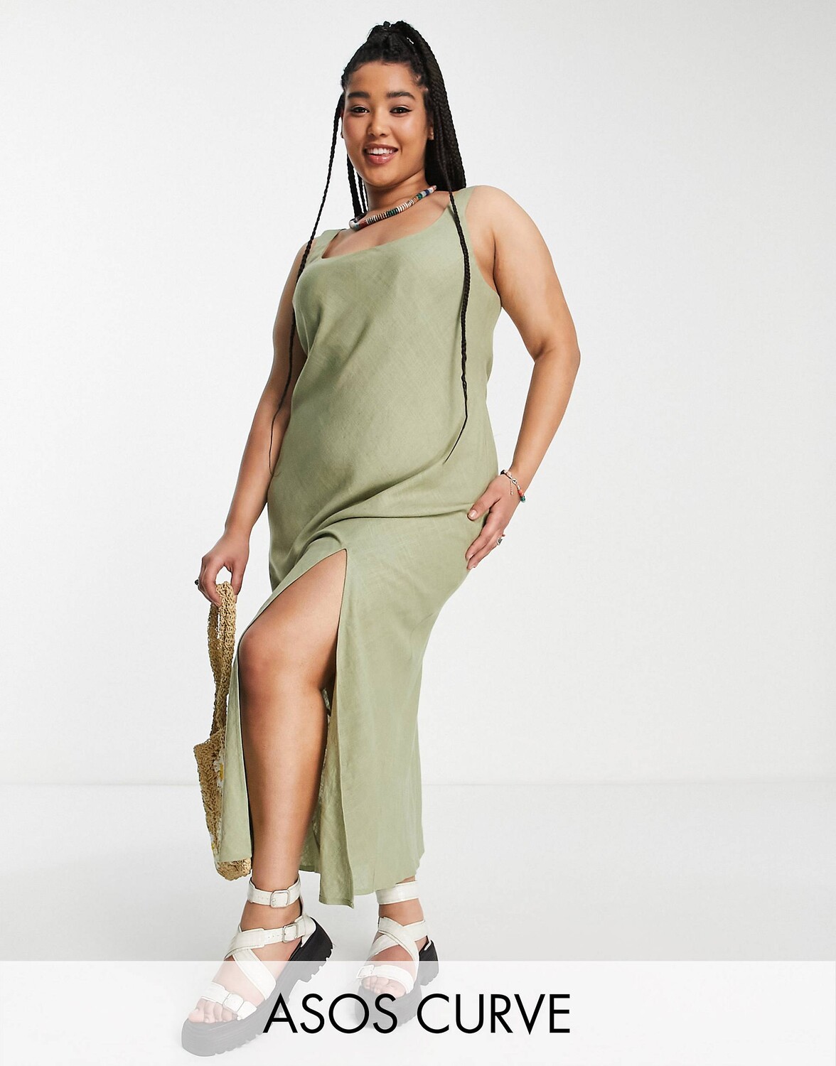 

Сарафан макси цвета хаки из льна с круглым вырезом и разрезом ASOS DESIGN Curve