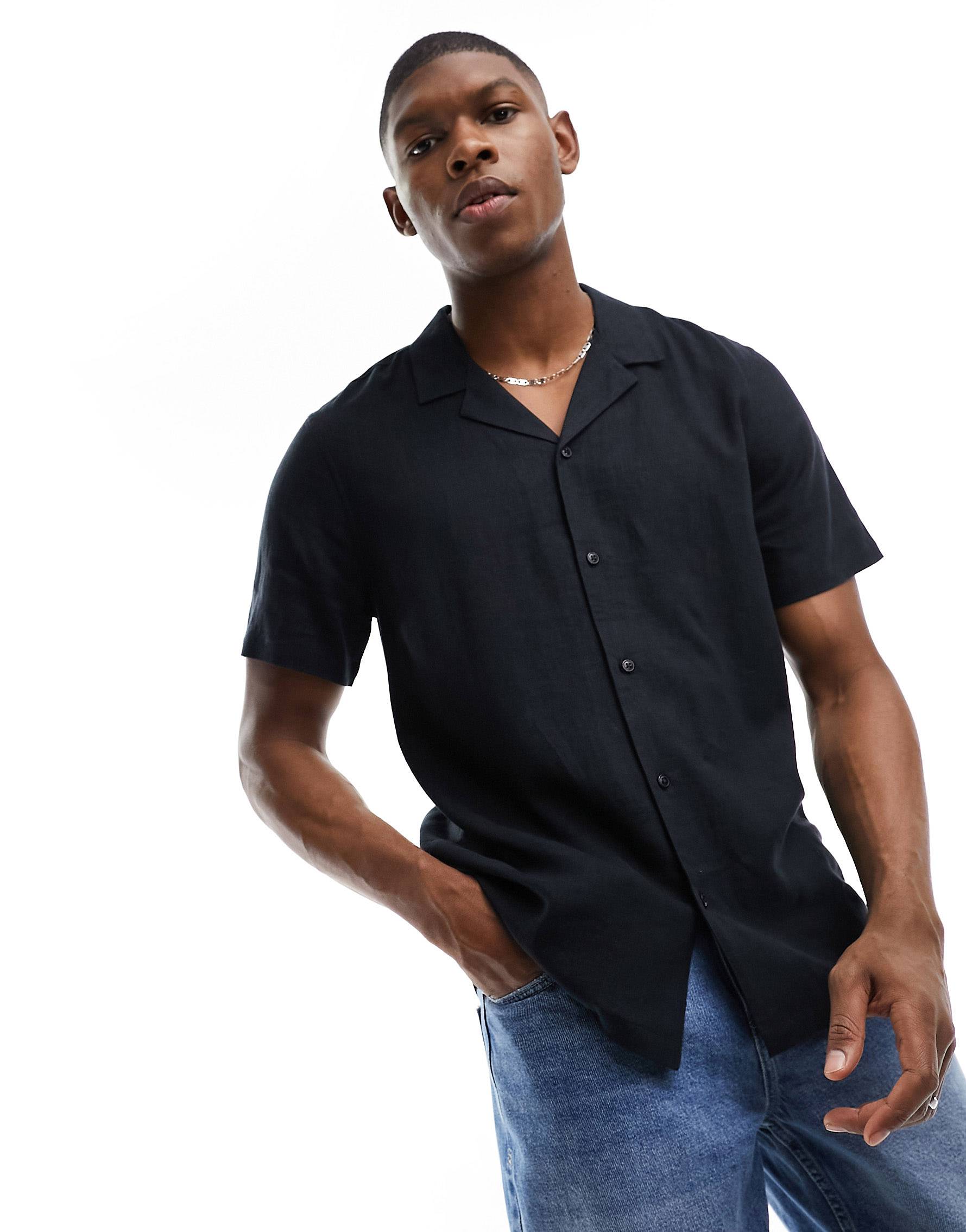 Рубашка New Look Linen, черный рубашка из смесового льна