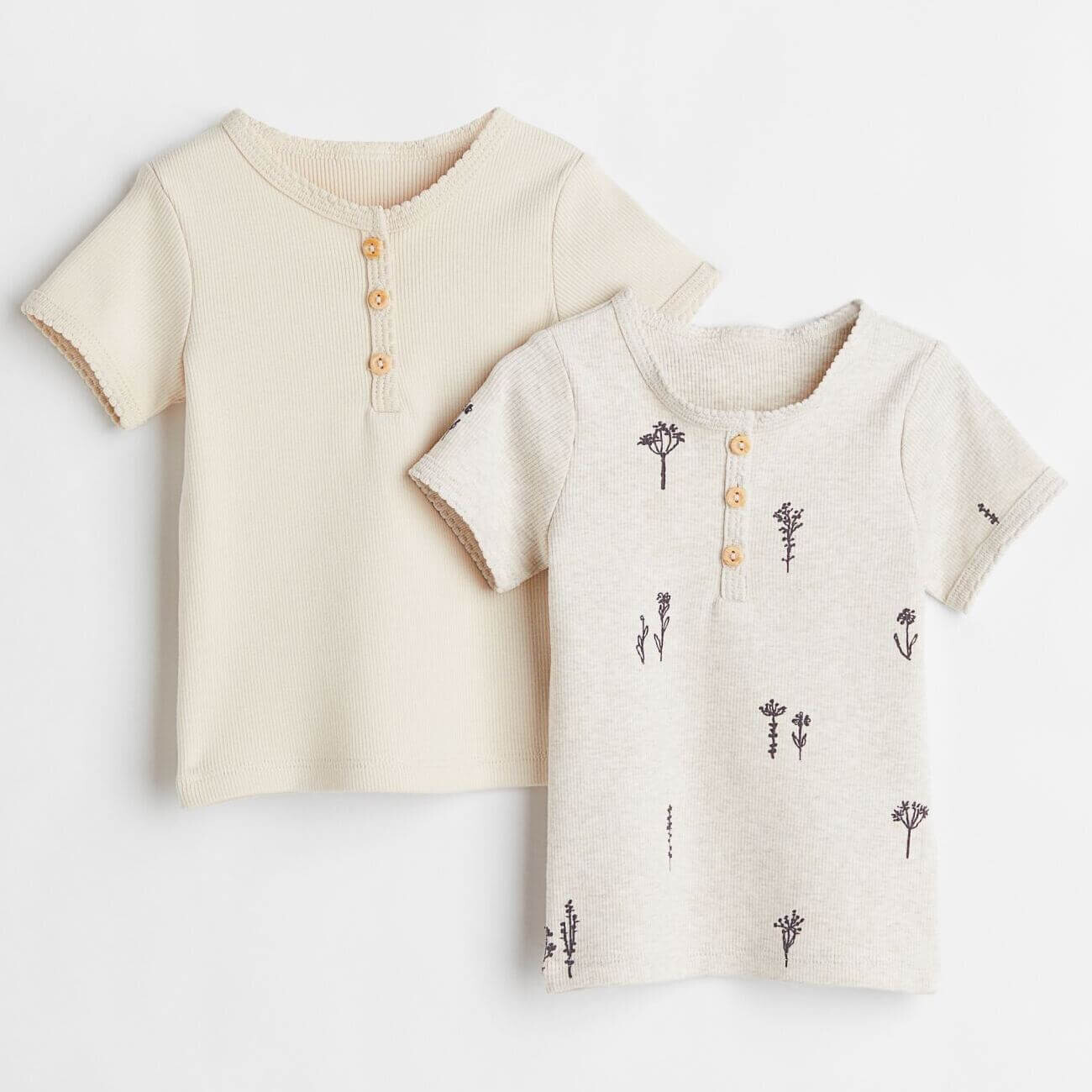 

Комплект из футболок H&M Botanical Ribbed, 2 предмета, светло-бежевый