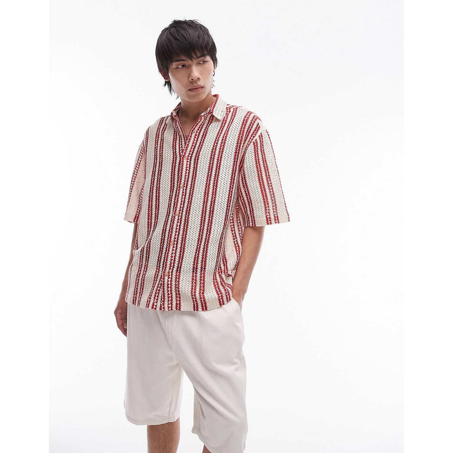 рубашка topman short sleeve relaxed crochet stripe черный белый Рубашка Topman Short Sleeve Relaxed Striped Crochet, красный