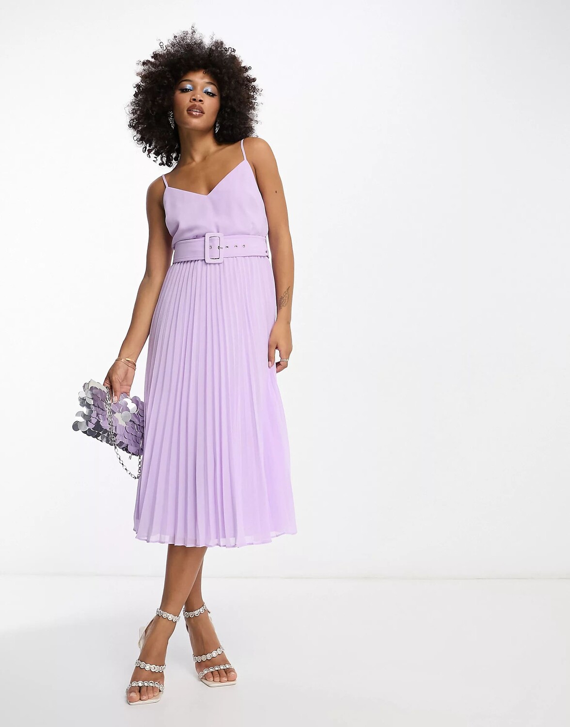 

Плиссированное платье-миди Asos Design Cami With Self-Covered Belt, лиловый, Розовый