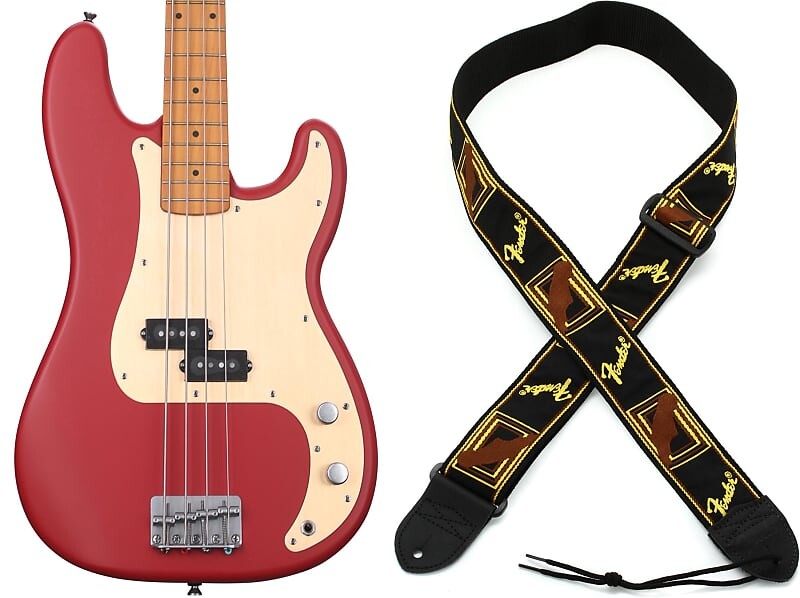

Squier 40th Anniversary Vintage Edition Precision Bass - Satin Dakota Red Bundle с 2-дюймовым гитарным ремнем Fender с монограммой - черный, желтый и коричневый Squier + Fender 0379530554=1 0990681000=1