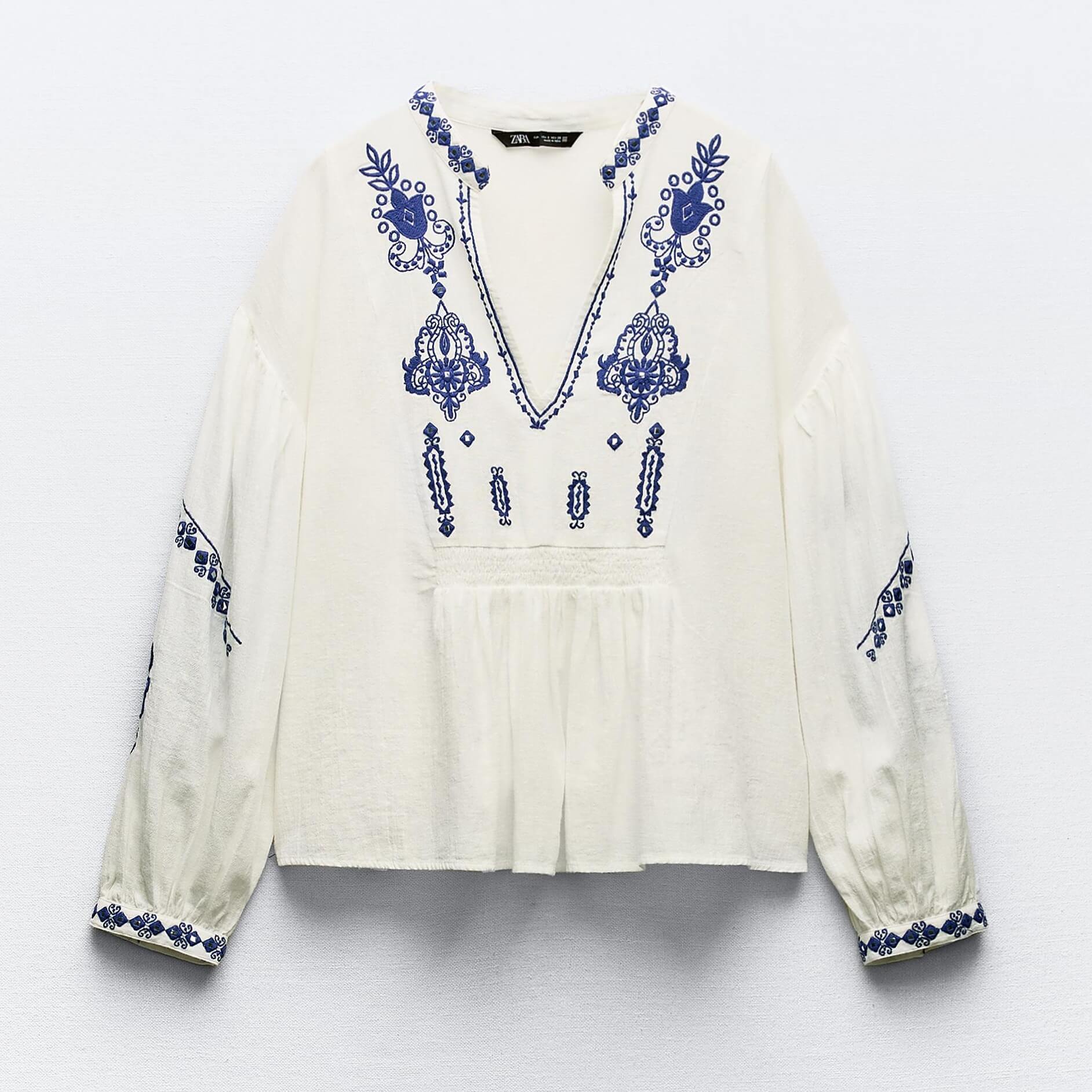 Блузка Zara Embroidered With Beading, белый/синий