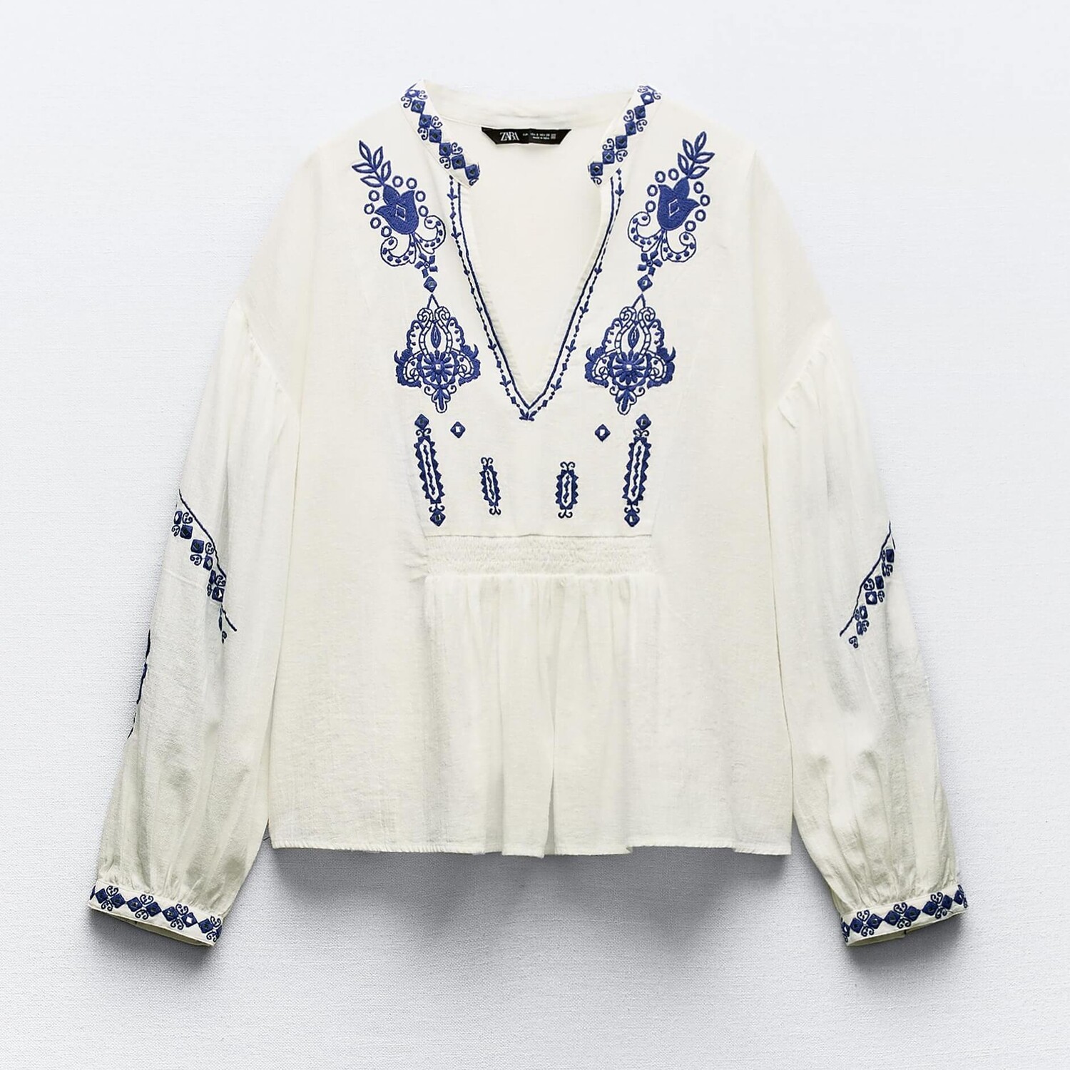 

Блузка Zara Embroidered With Beading, белый/синий