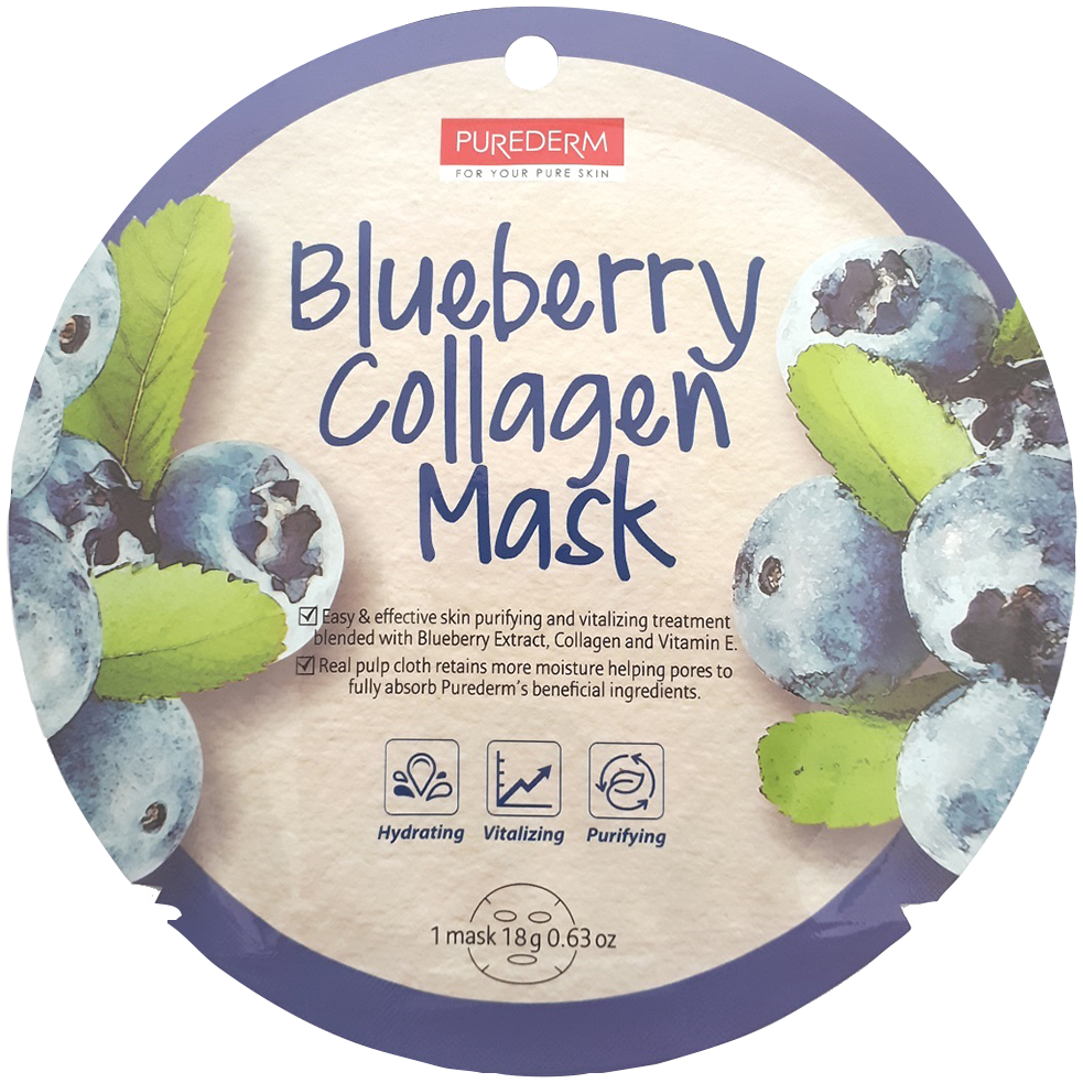 Purederm Blueberry Collagen очищающая и укрепляющая коллагеновая маска для лица с черникой, 1 шт.