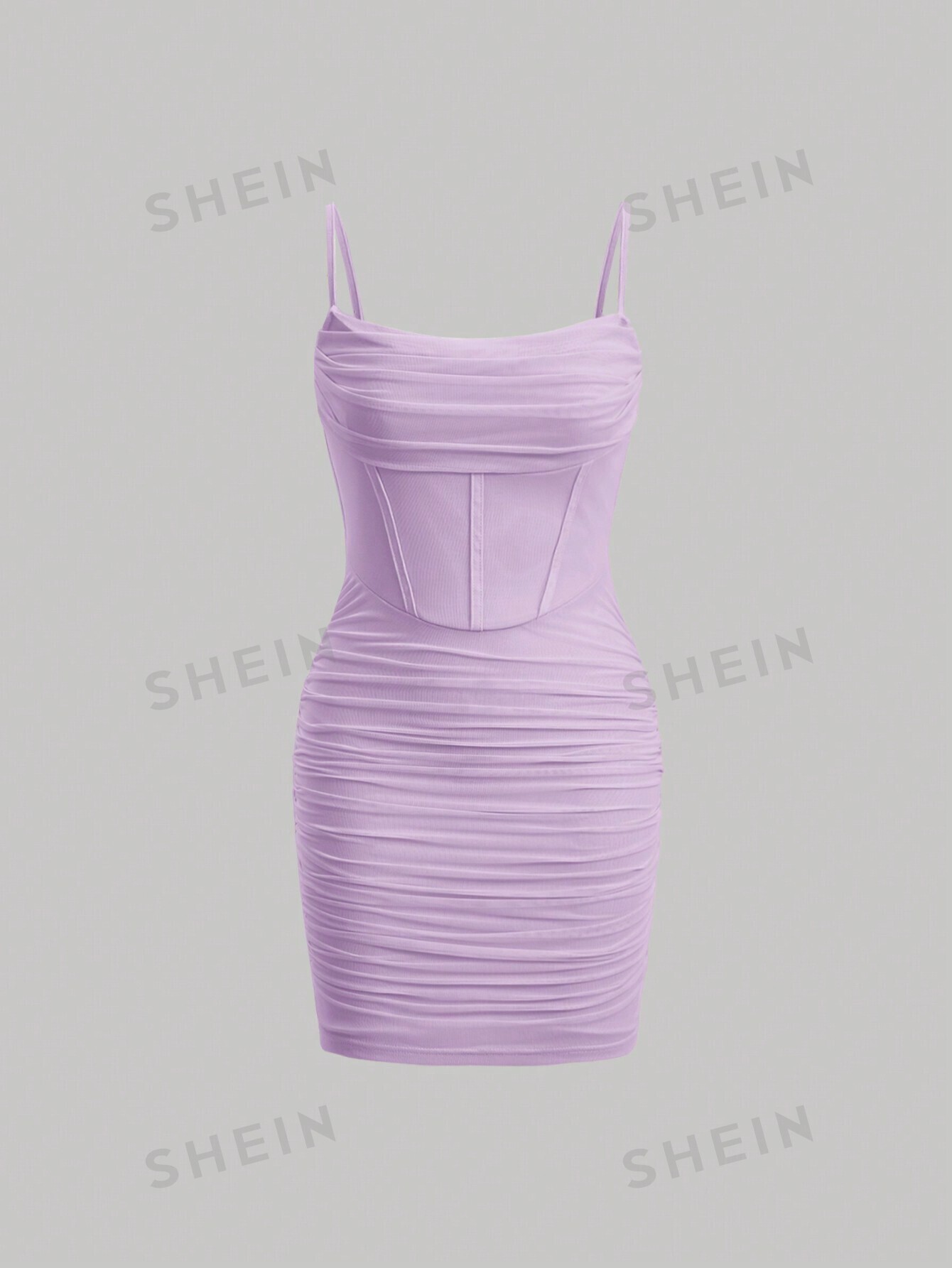 SHEIN MOD Платье на тонких бретельках из сетчатой ​​ткани с рюшами и цветочным принтом, сиреневый фиолетовый
