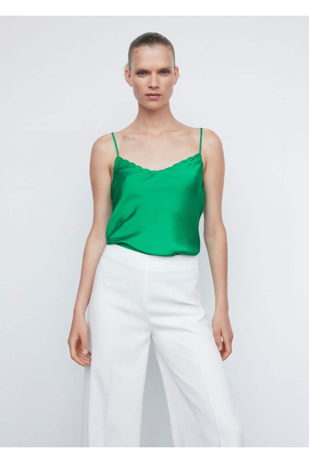Атласная кружевная блузка Mango, зеленый