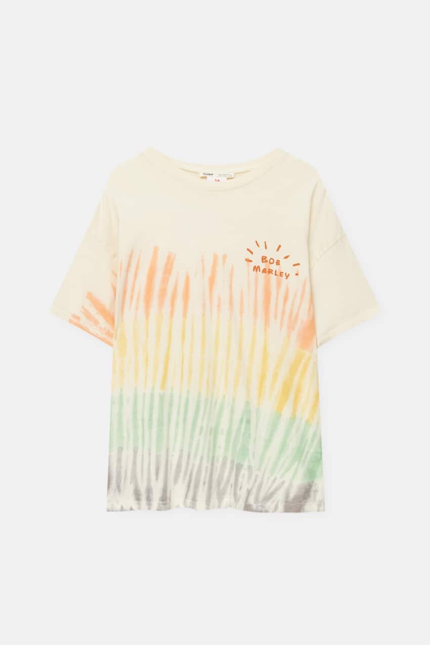 

Футболка с принтом тай-дай Pull&Bear Bob Marley, разноцветный, Серый