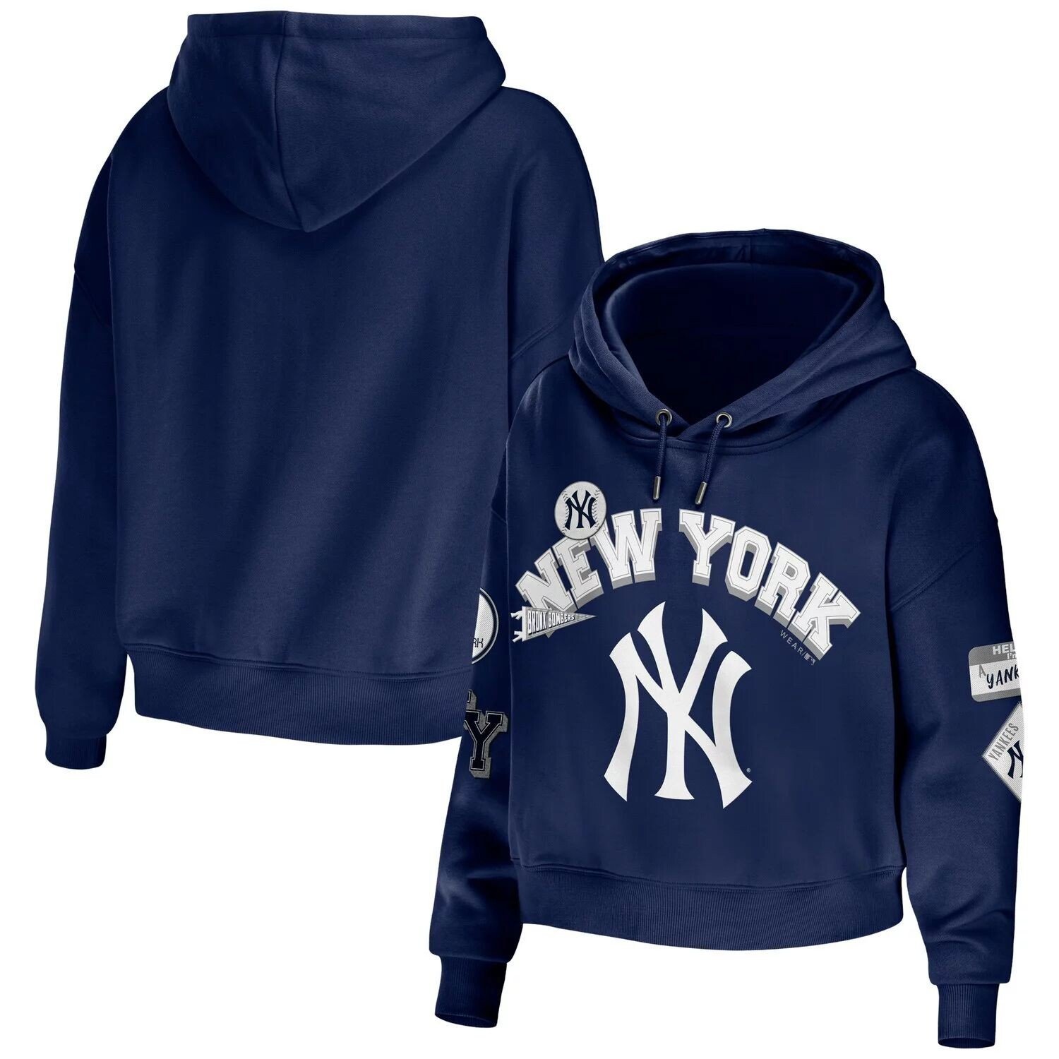 

Женская WEAR by Erin Andrews Темно-синий укороченный пуловер с капюшоном New York Yankees больших размеров с нашивками