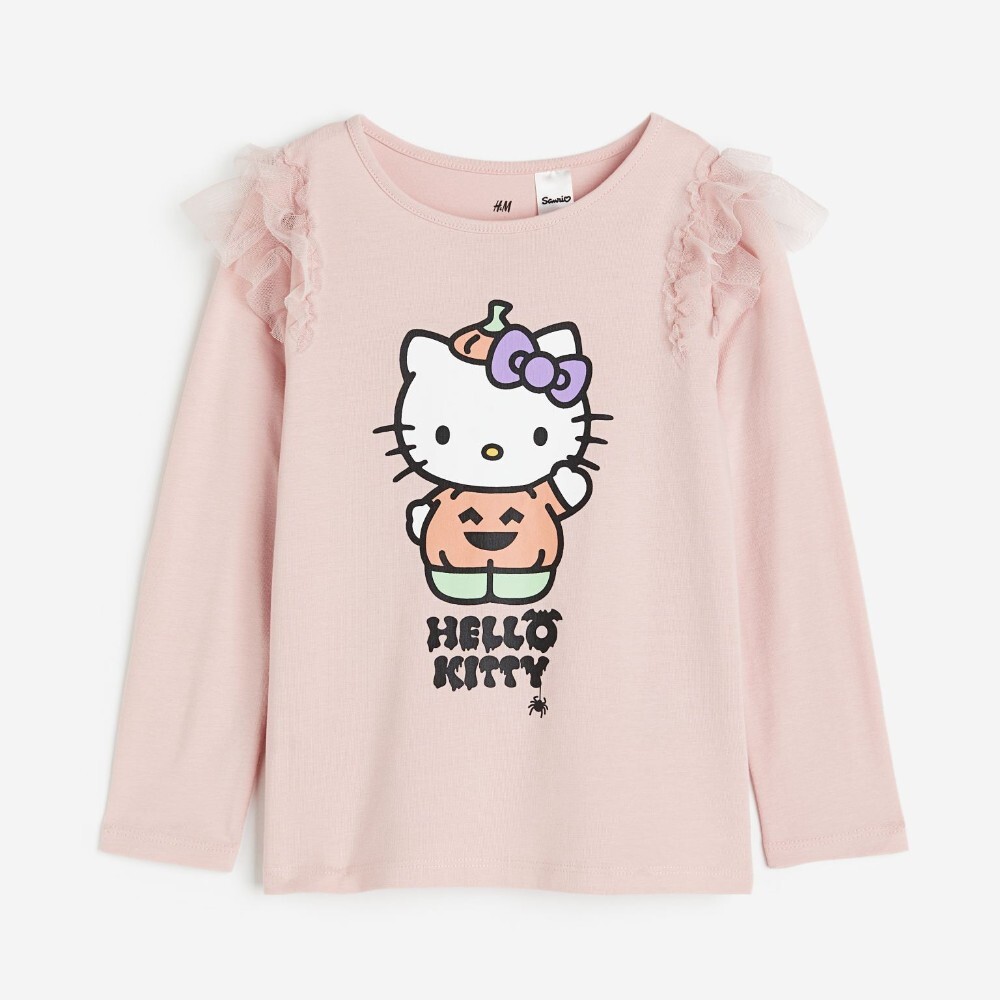 

Лонгслив H&M Kids Ruffle-trimmed Printed Hello Kitty, светло-розовый
