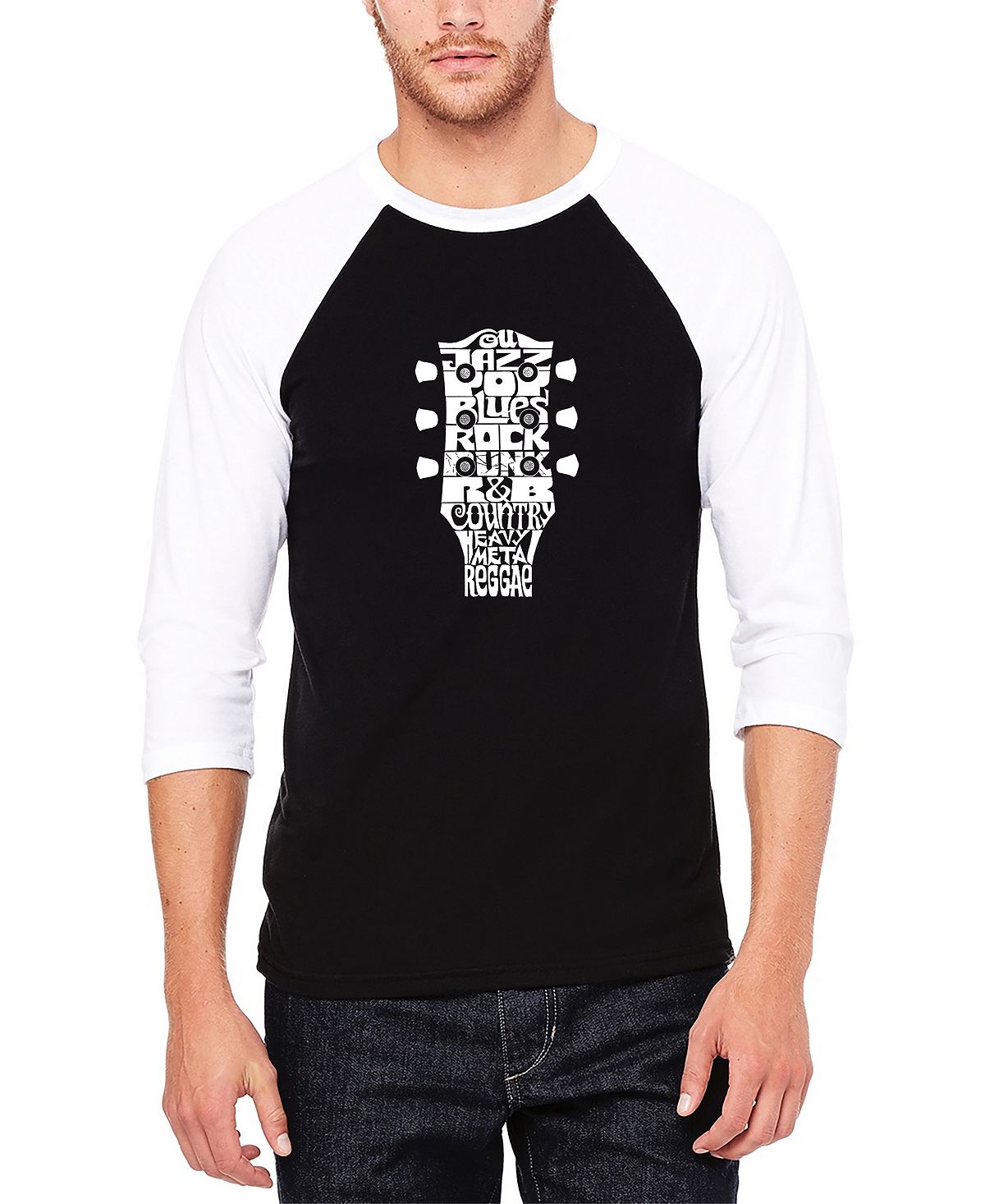 Мужская футболка с бейсбольным регланом word art guitar head music genres LA Pop Art, мульти