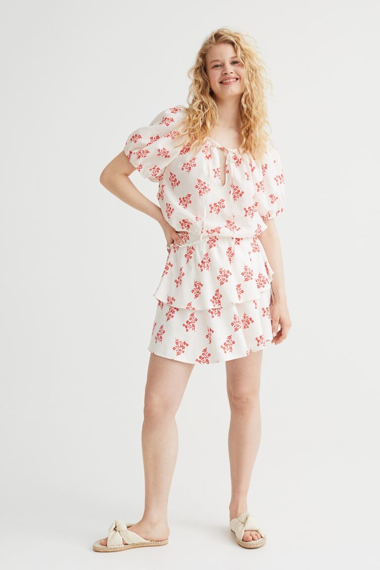 

Юбка с оборками и оттенком льна H&M, белый/красный цветочный