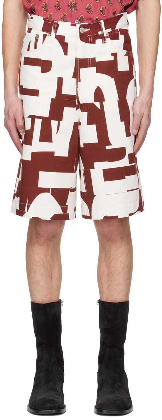 

Бордовые и белые джинсовые шорты Dries Van Noten