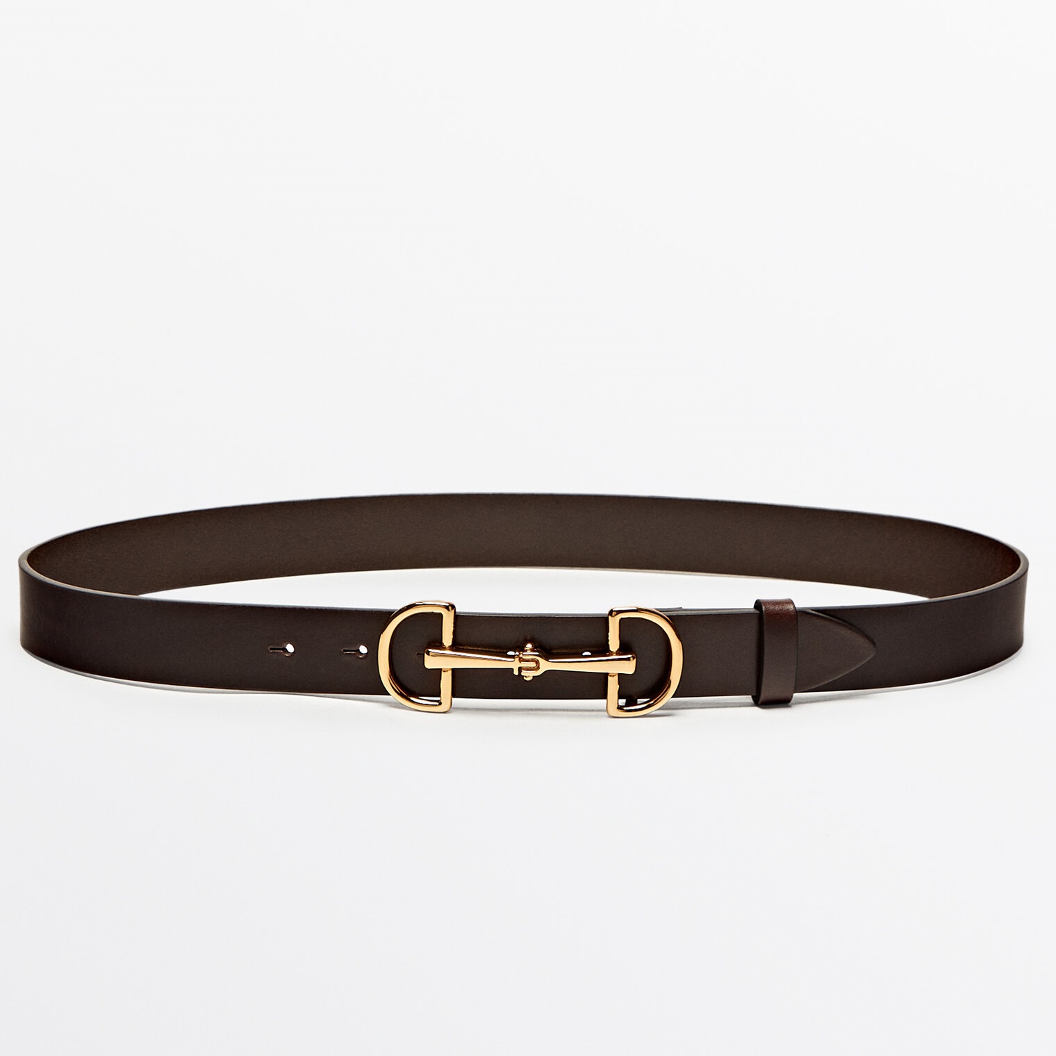 Ремень Massimo Dutti Leather With Double Long Buckle, коричневый/золотой