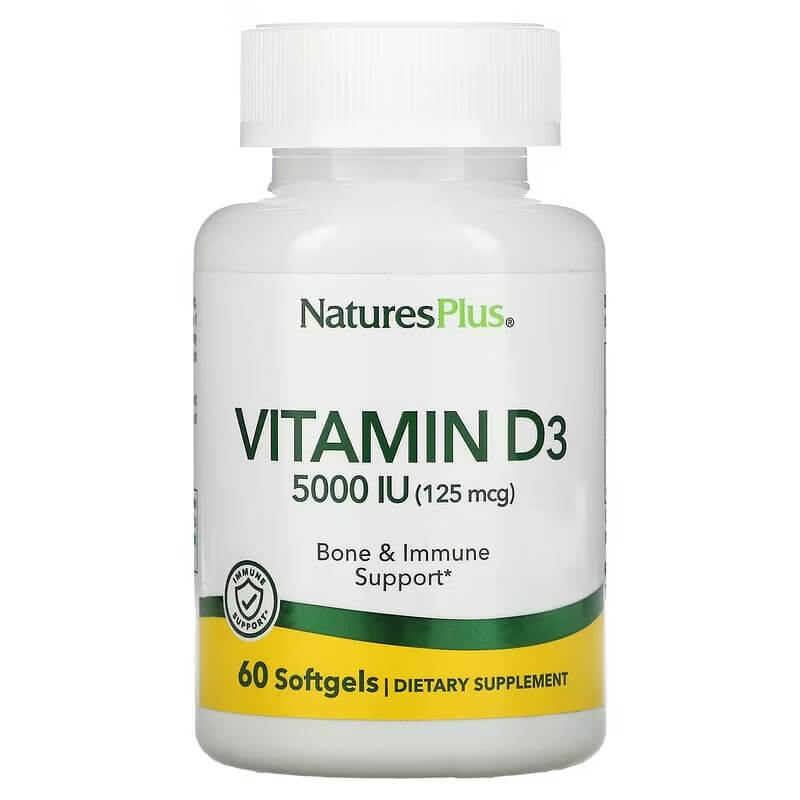 Витамин D3 NaturesPlus 125 мкг 5000 МЕ, 60 мягких таблеток sports research витамин d3 с кокосовым маслом 125 мкг 5000 ме 360 мягких таблеток