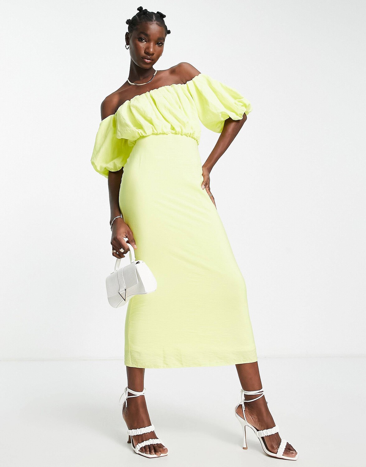 

Лимонное платье миди с открытыми плечами и объемными деталями ASOS DESIGN, Желтый