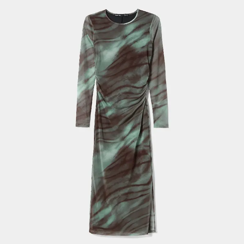 

Платье Bershka Tulle Midi With Print, хаки