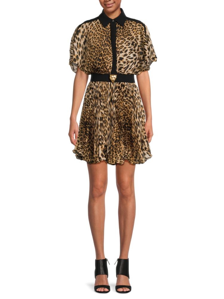 

Плиссированное мини-платье с животным принтом Roberto Cavalli, цвет Tan Multi