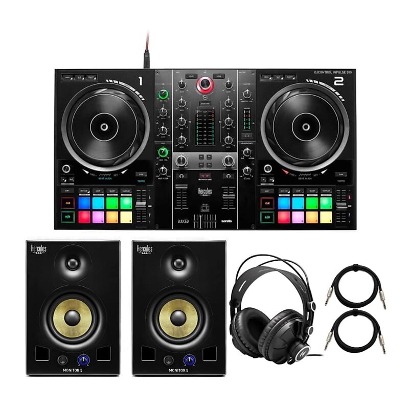 

Hercules DJControl Inpulse 500 2-Deck USB DJ Controller в комплекте с монитором Hercules 5 громкоговорителей (пара), студийными наушниками закрытого типа Knox Gear и кабелями TRS (5 шт.)