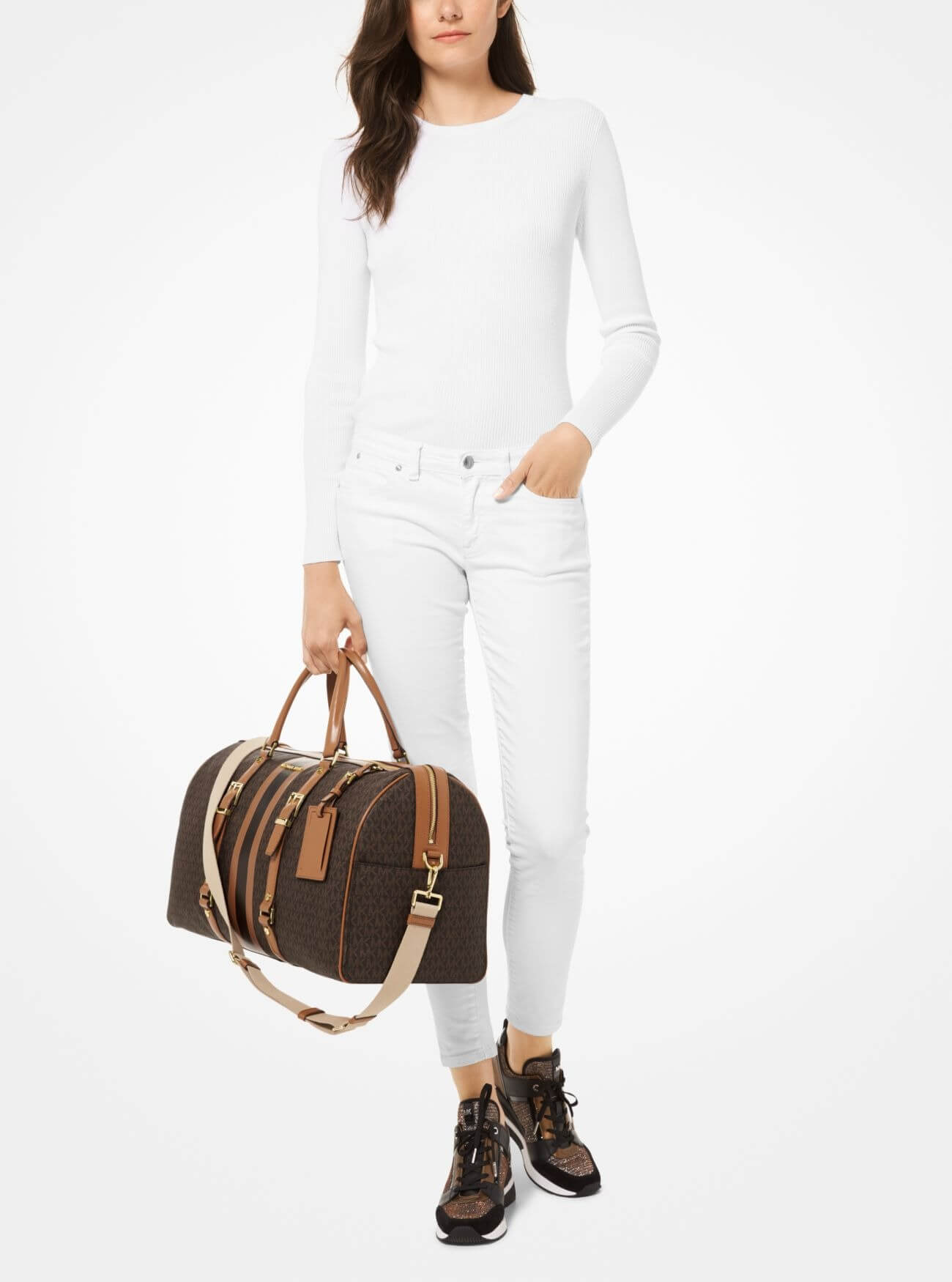 Дорожная сумка Michael Michael Kors Bedford Travel Extra-Large Logo Stripe Weekender, коричневый/светло-коричневый цена и фото