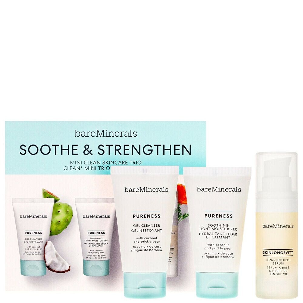 

bareMinerals Soothe & Strengthen Mini Clean Skincare Trio набор: гель для умывания, 30 мл + легкий увлажняющий крем, 30 г + травяная сыворотка для лица, 15 мл