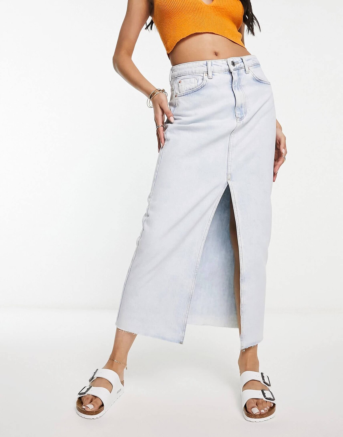 

Юбка Stradivarius Denim Midi With Front Split, светло-голубой