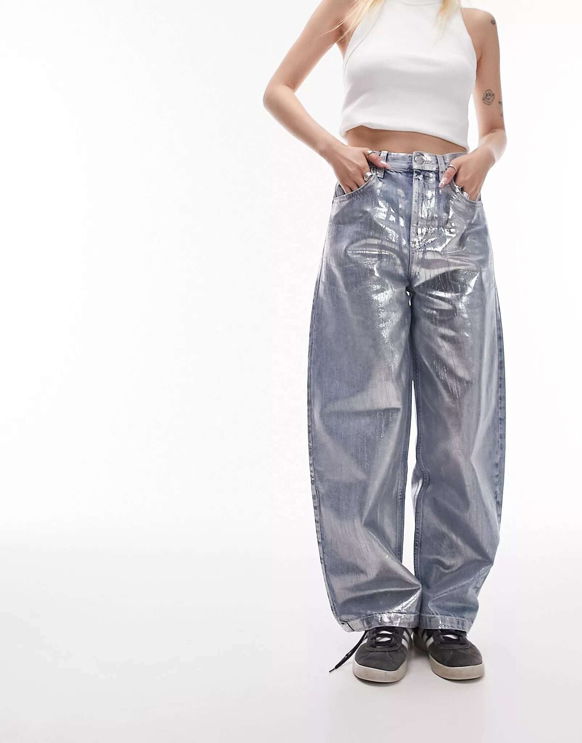 

Синие мешковатые джинсы Topshop Petite с серебристой фольгой