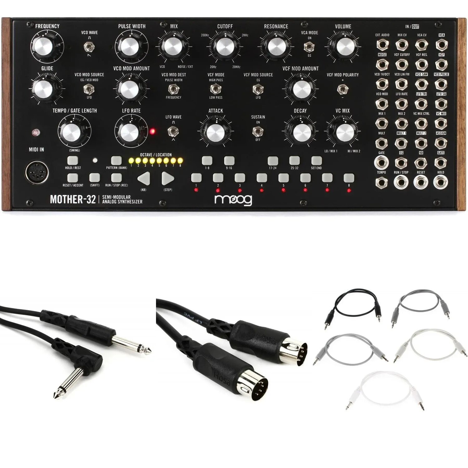 

Модуль Moog Mother-32 с 1/4-дюймовыми кабелями и MIDI-кабелями