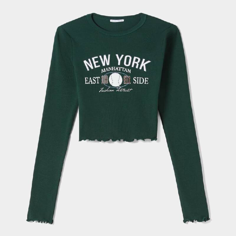 

Лонгслив Bershka Cropped With Print, зеленый