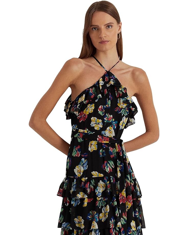 

Платье LAUREN Ralph Lauren Floral Ruffle-Trim Georgette Halter Gown, черный мульти