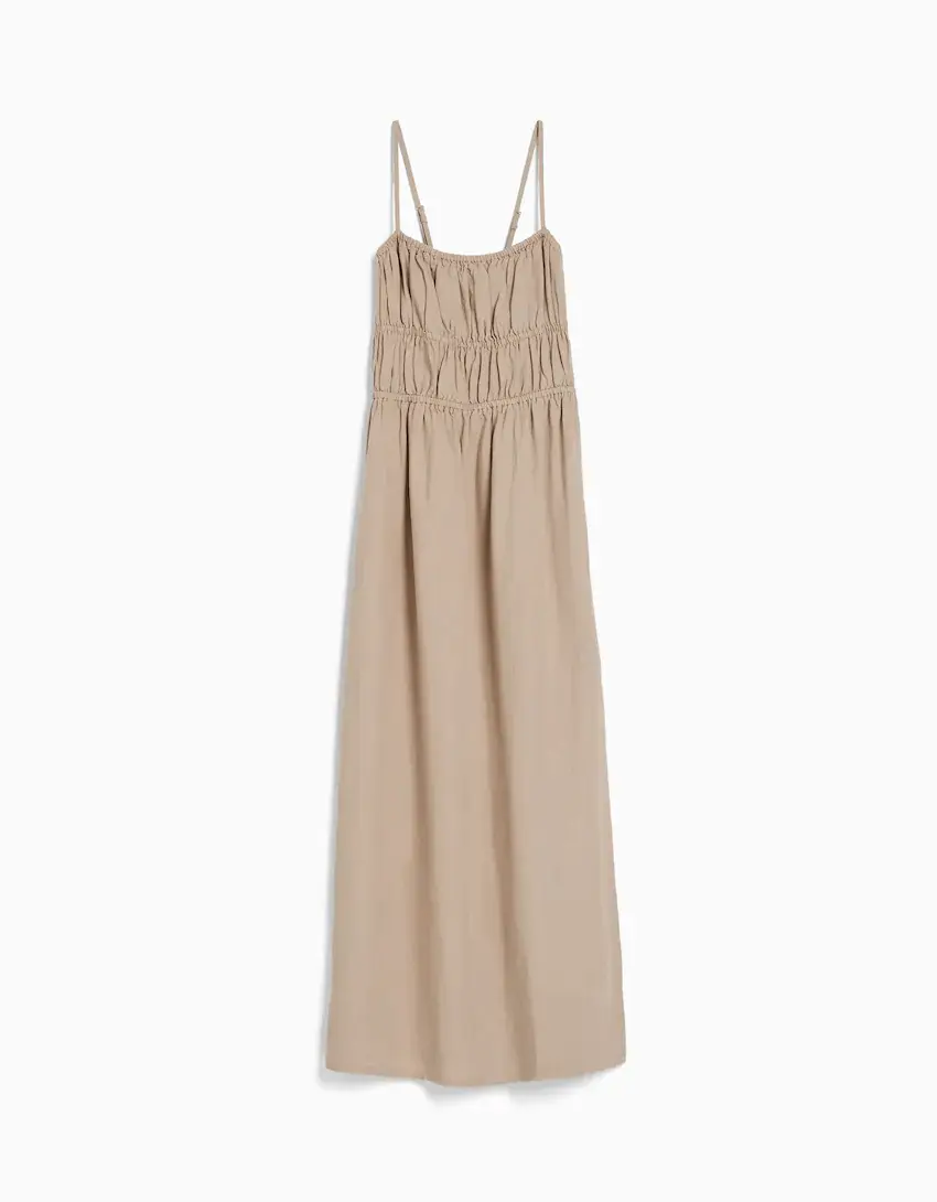 

Платье-миди Bershka Linen Blend With Straps, бежевый