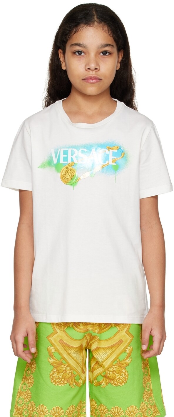

Детская белая футболка с английской булавкой Versace